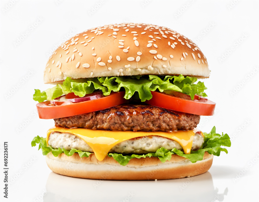 Juicy patty, melted cheese, crispy lettuce, and juicy tomatoes on a toasted bun in this mouthwatering burger illustration with a white background. Generative AI Juicy patty, melted cheese, crispy lettuce, and juicy tomatoes on a toasted bun in this mouthwatering burger illustration with a white background. Generative AI