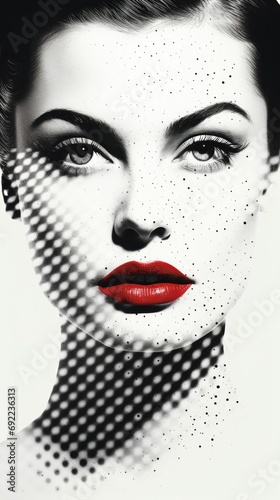 AI generated illustration of a female with her face decorated in black and white polka dot pattern