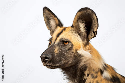 African Wild Dog close-up portrait on a white background. photo