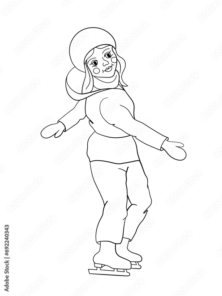 Cartoon vector. Illustration of cute funny little sports girl on skates on winter time. Isolated.  Coloring Book Page.