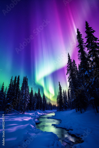 color photo of a dreamlike scene featuring both the awe-inspiring auroras and shooting stars. AI generated