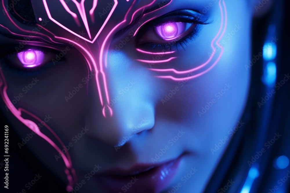 Woman's face with neon cybernetic patterns and glowing eyes, futuristic technology or AI concepts Woman's face with neon cybernetic patterns and glowing eyes, futuristic technology or AI concepts