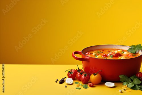 Panela de Sopa de Legumes com Fundo Amarelo photo