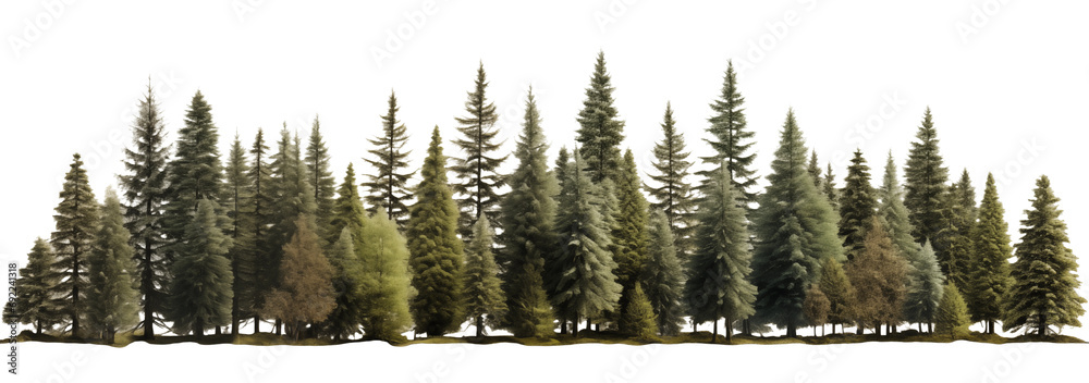Green evergreen fir pine spruce trees treeline isolated on transparent background. Generative AI - obrazy, fototapety, plakaty 