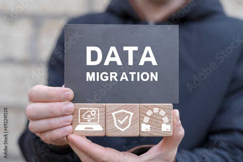 Data migration concept. Data transfer, transfer file of data between folder, backup data, exchange of file on folder. DMS. Virtual document loading to another folder. Web and mobile application. photo