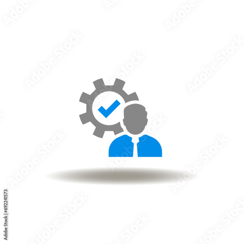 Vector illustration of man and gear with check mark. Icon of customer first. Symbol of employment.