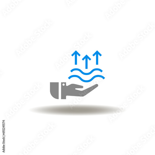Vector illustration of hand hold wavy lines with arrows up. Icon of HVAC Heating Ventilation Air Conditioning. Symbol of high comfort.