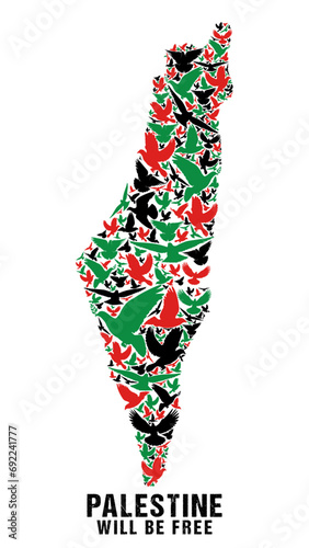 Vector dove word cloud artwork in the shape of the Palestine map in Palestine colours with a transparent background.