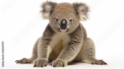 Young koala, Phascolarctos cinereus, sitting in front of white background. generative ai