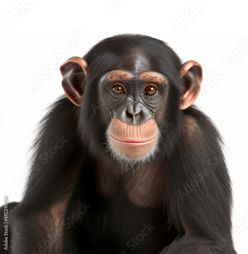 Young Chimpanzee sitting - Simia troglodytes in front of a white background. generative ai © Witri