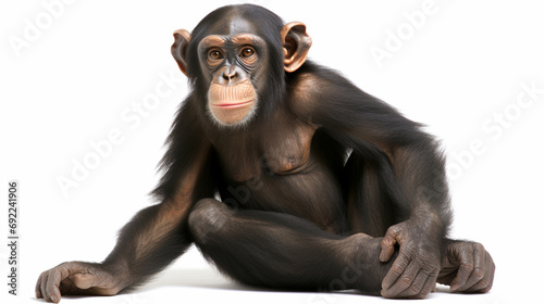 Young Chimpanzee sitting - Simia troglodytes in front of a white background. generative ai photo