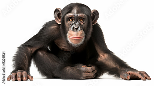Young Chimpanzee sitting - Simia troglodytes in front of a white background. generative ai photo
