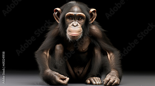 Young Chimpanzee, Simia troglodyte sitting in front of white background. generative ai photo