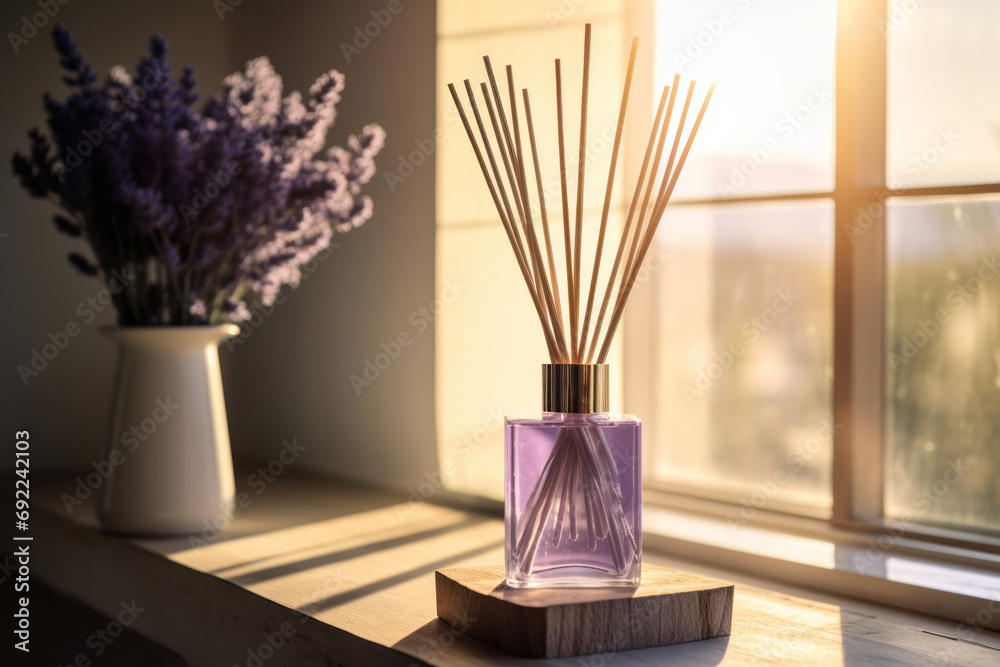 Lavender reed diffuser in pastel purple bottle on wooden sunny