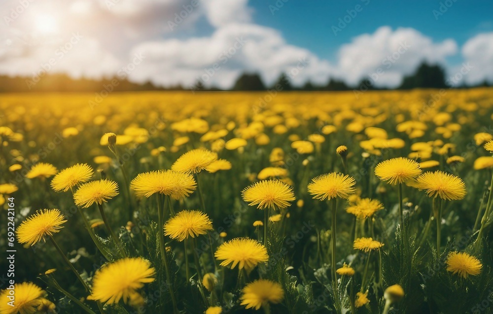 Fototapeta premium Many yellow dandelion flowers on meadow in nature in summer close-up macro against a blue sky