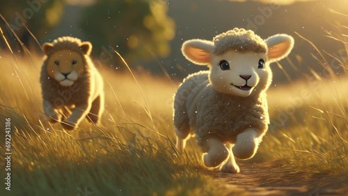 Adorable Lamb Being Chased By Cute Lion - AI Animation photo
