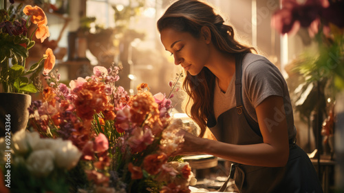Detailed close-up of a skilled florist arranging a vibrant bouquet of spring flowers, showcasing the artistry and precision involved in floristry. Generative ai