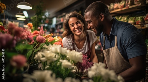 Flower shop counter, where a florist assists a customer in selecting the perfect bouquet. The image conveys the personalized and friendly service of the flower shop. Generative ai photo