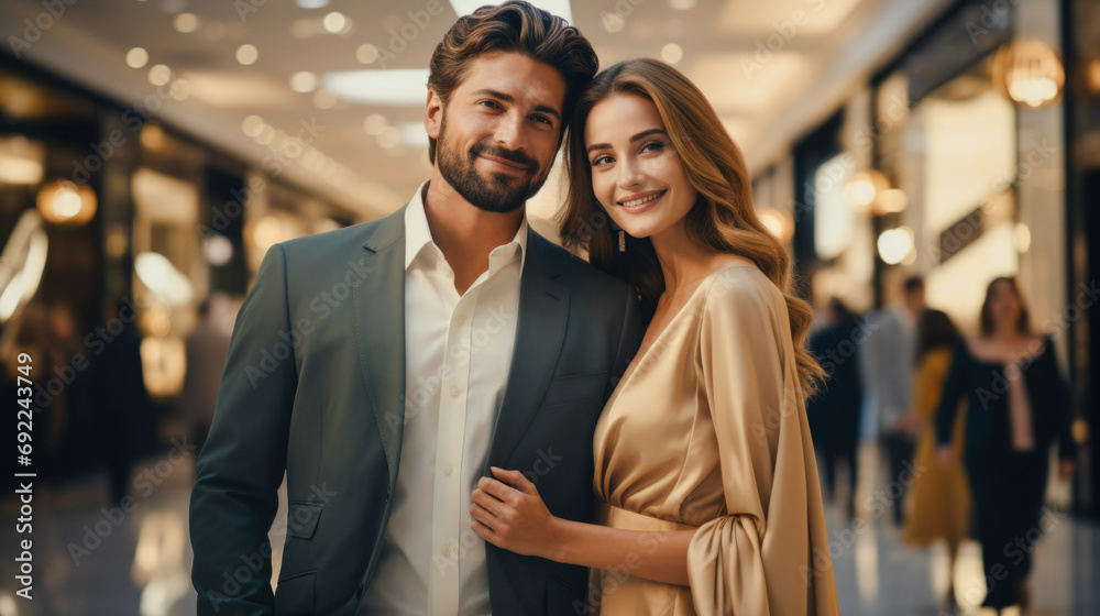 High-fashion concept capturing essence stylish couple bustling shopping mall. The image reflects the intersection of fashion joy, with the couple showcasing trendy outfits backdrop. Generative ai