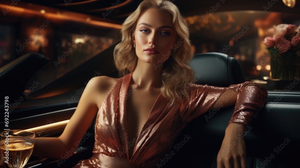 High-fashion concept featuring a stylish girl in a car, dressed elegant attire and surrounded luxurious interior. Girl impeccable style.Woman duturistic rich. Generative ai