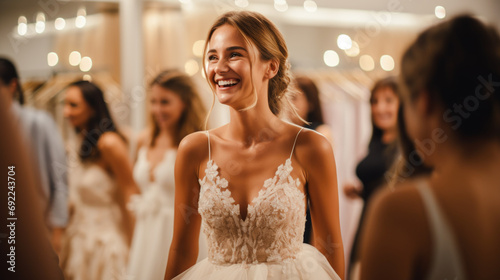 Bride tries on various wedding dresses in a showroom fitting room, surrounded by her friends offering feedback and support. Beautiful bride woman in dress. Generative ai