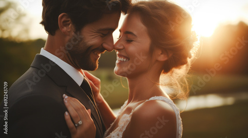 Engaged couple holding their hands up to the camera, displaying their wedding rings with a lighthearted and joyful expression. Generative ai
