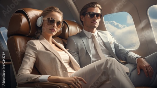 High-fashion concept featuring a stylish couple in a private plane, dressed elegant attire and surrounded luxurious interior. Woman impeccable style. Men futuristic rich. Generative ai