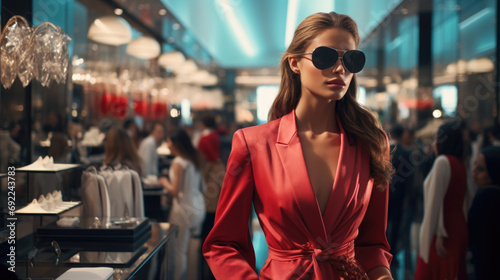 A high-fashion concept featuring a woman in shopping mall , dressed in elegant attire and surrounded by a luxurious interior. Woman fashion and luxury girl's impeccable style. Generative ai