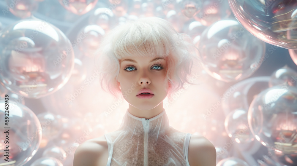 Mesmerizing retro futuristic girl surrounded by floating holographic orbs, each reflecting a different aspect of her avant-garde fashion ensemble. Woman beautiful. Generative ai