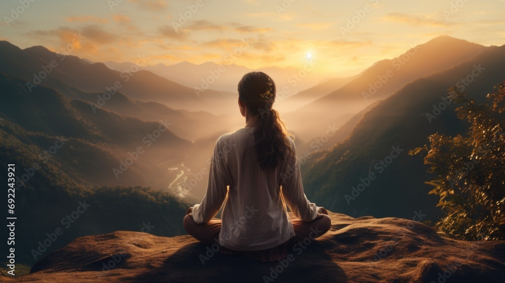 a person practicing yoga on a serene mountaintop at sunrise, embracing the spiritual and serene aspect of full-spectrum living. Generative ai