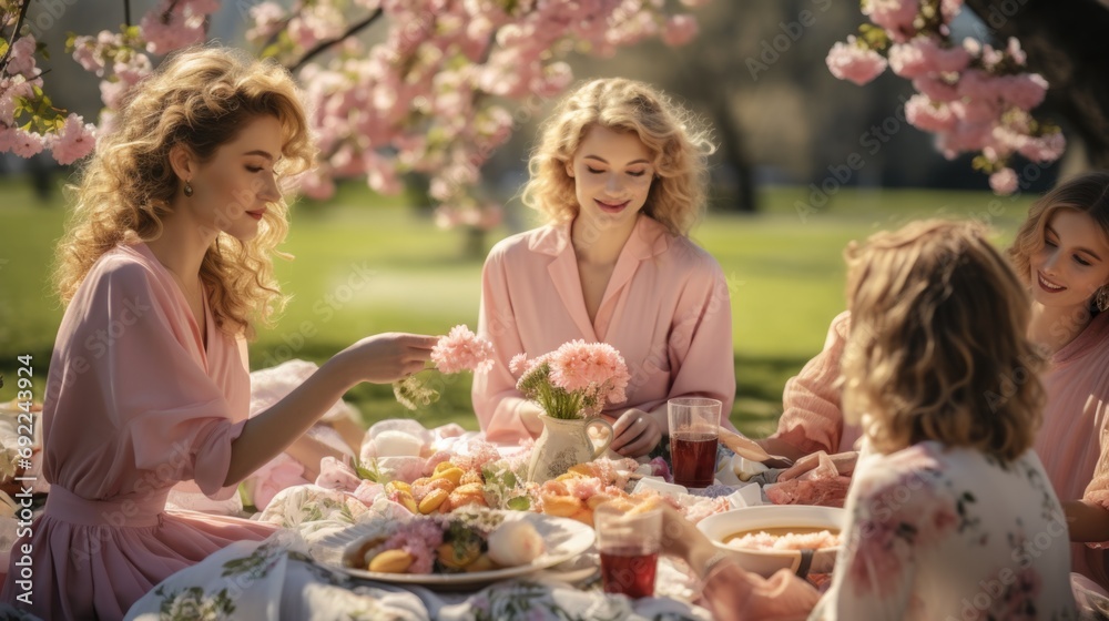  Easter picnic in a park, pastel-colored blanket, spring flowers, and a delightful spread of pastel-hued treats. Friends and family gather for a joyful celebration in nature. Generative ai