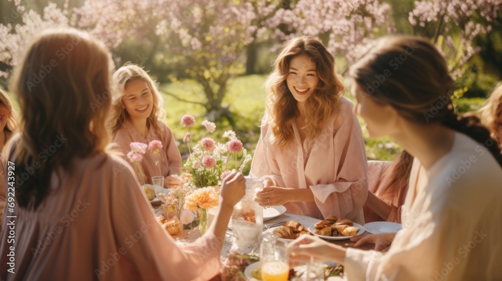 Easter picnic in a park, pastel-colored blanket, spring flowers, and a delightful spread of pastel-hued treats. Friends and family gather for a joyful celebration in nature. Generative ai Easter picnic in a park, pastel-colored blanket, spring flowers, and a delightful spread of pastel-hued treats. Friends and family gather for a joyful celebration in nature. Generative ai