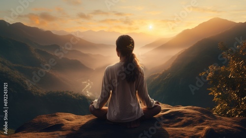 a person practicing yoga on a serene mountaintop at sunrise, embracing the spiritual and serene aspect of full-spectrum living. Generative ai