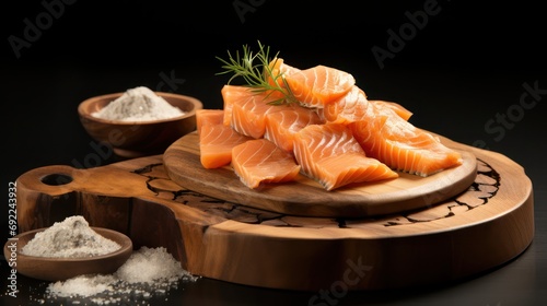 Sliced salmon sasimi meat neatly arranged on a wooden tray, Asian restaurant menu.