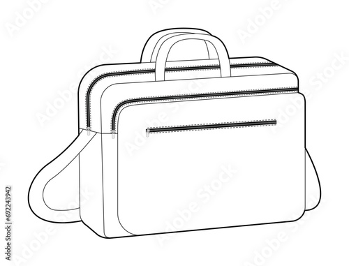 Computer laptop Bag messenger silhouette bag. Fashion accessory technical illustration. Vector satchel front 3-4 view for Men, women, unisex style, flat handbag CAD mockup sketch outline isolated