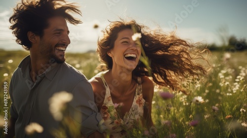 Playful portrait couple laughing together field of tall grass and wildflowers. Wind gently touches their hair, and the scene exudes a carefree joyful energy spring colors. Generative ai photo