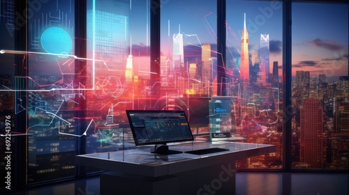 Office room in a skyscraper  with large glass windows advanced hologram screen  computer work desk.