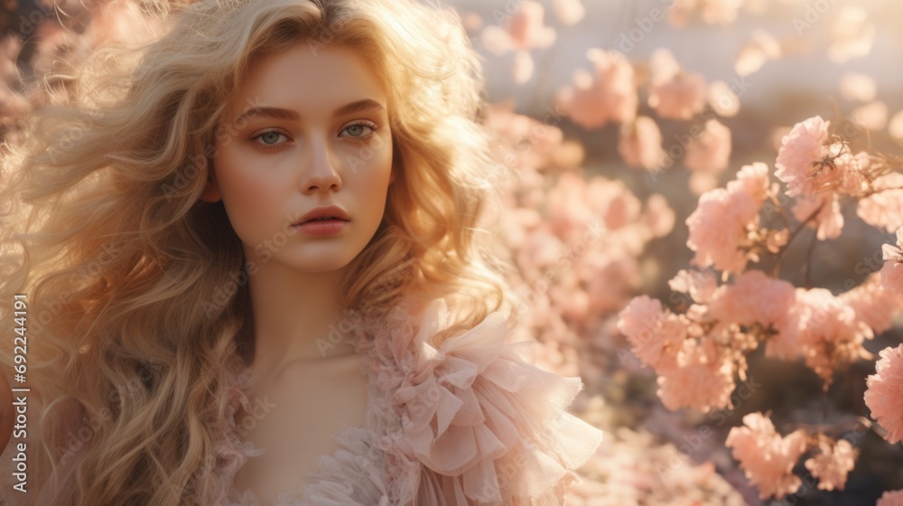 A fabulous portrait of a magical magical spring girl against the background of blooming nature and flowers in a dress. Generative ai A fabulous portrait of a magical magical spring girl against the background of blooming nature and flowers in a dress. Generative ai