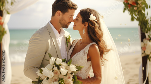 Wedding couple sharing their first kiss beach. Atmosphere is filled with love and celebration as they seal their commitment with the sound of the ocean as their witness. Generative ai