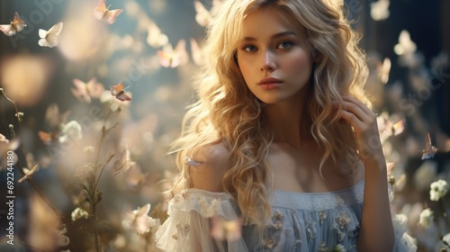 Beautiful girl spring fairy flowers, blooming. Woman with long hair, sunlight filtering through the petals. Her attire features pastel colors and floral elements, harmonizing dreamy. Generative ai