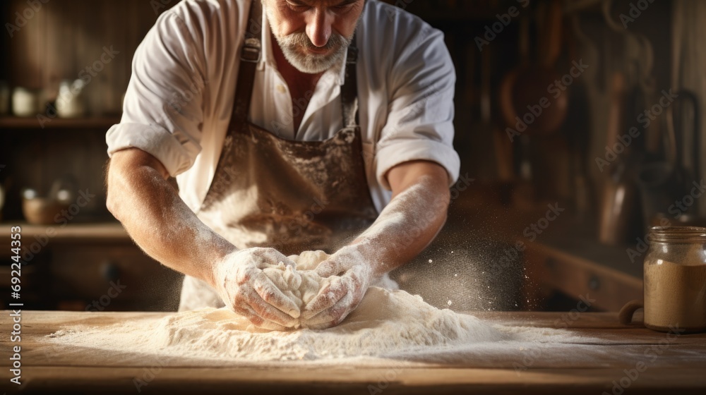Baker expertly kneading dough floured surface, close-up shot, hands in motion, rustic wooden kitchen backdrop. The cook makes dough, bread and pasta. Generative ai. Baker expertly kneading dough floured surface, close-up shot, hands in motion, rustic wooden kitchen backdrop. The cook makes dough, bread and pasta. Generative ai.