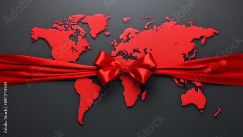 Hand covered 3d red ribbon on world map background 