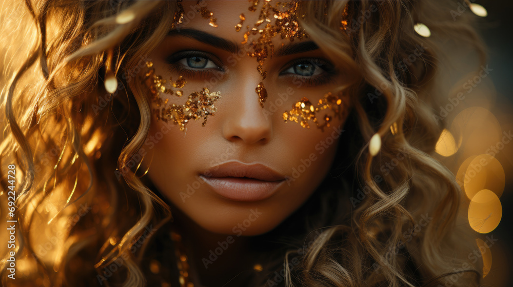 Elegant golden glitter close-up portrait, intricate golden glitter patterns framing the girl face, a mix of sophistication and artistic flair, soft golden glow. Generative ai