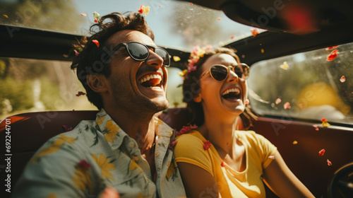 Develop a series of shots capturing the couple driving away from their old home. Convey the mix of emotions with close-ups of expressions. Generative ai