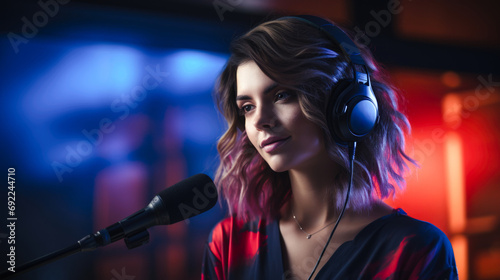 Develop a visual concept of a girl podcasting live, interacting with an engaged audience. Showcase the energy of the live recording with dynamic shots. Generative ai