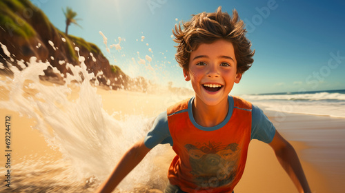 Dynamic beach activity with a boy, running with a boogie board towards the waves, surfboard sticking out of the sand, sunscreen summer, energetic and sun. Generative ai. photo