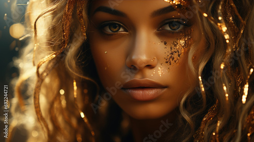 Elegant golden glitter close-up portrait, intricate golden glitter patterns framing the girl face, a mix of sophistication and artistic flair, soft golden glow. Generative ai