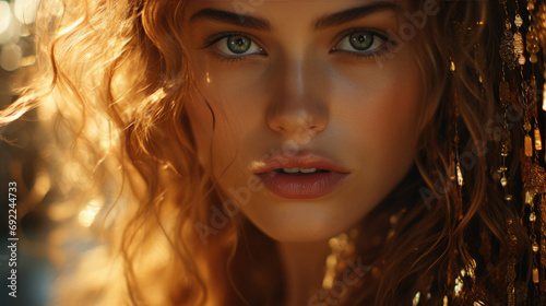 Elegant golden glitter close-up portrait, intricate golden glitter patterns framing the girl face, a mix of sophistication and artistic flair, soft golden glow. Generative ai