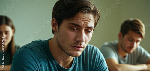 sad caucasian young man, student at university or high school, fictional location photo
