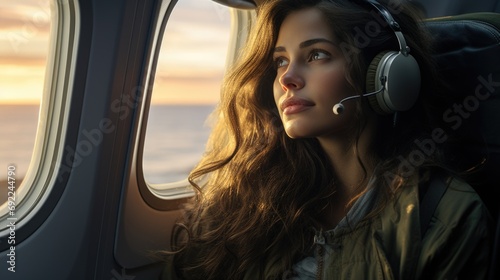 air travel with a stunning portrait of a woman gazing out of the airplane window. Capture the reflections on the window and the soft glow of natural light women. Generative ai © MoreThanProd